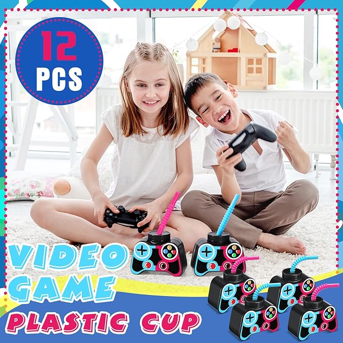 Mifoci 12 Pcs Plastic Video Game Party Cups with Straw and Lid 10oz Gamer Birthday Themed Drink Cups 7th Video Game Party Favors for Kids Toddlers Gamer Birthday Supplies (Blue and Rose Red)