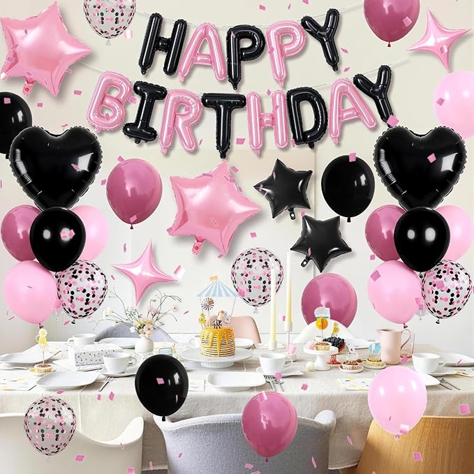 Pink and Black Birthday Decorations for Girls Women Hot Light Baby Pink Black Balloons Confetti Party Balloon Happy Birthday Banner Heart Balloons 18/10 Inch Star Balloon for Bday Party Supplies