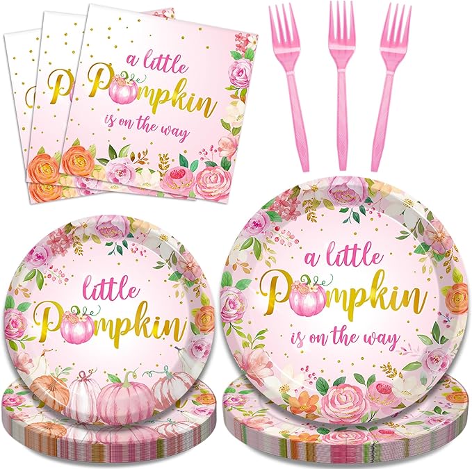 96Pcs Fall Little Pumpkin Baby Shower Plates and Napkins, Autumn A Little Pumpkin is on The Way Party Supplies Decorations Thanksgiving Girl Pink Floral Baby Shower Tableware Kit, Serves 24
