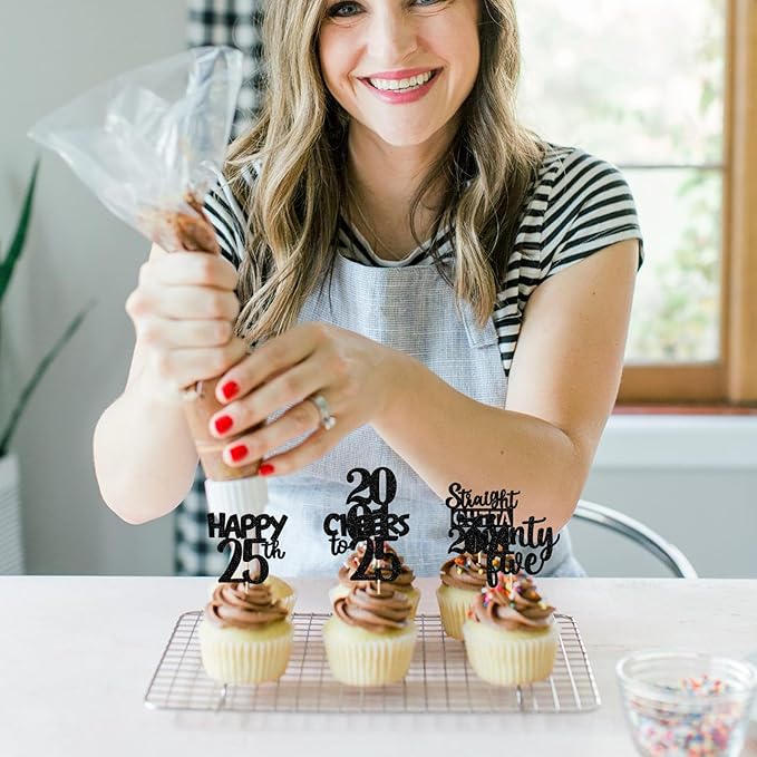 30PCS Black 25th Birthday Cupcake Toppers Glitter Twenty Five Happy 25th Straight Outta 2001 Cupcake Picks for Cheers to 25 Years Birthday Anniversary Party Cake Decorations Supplies