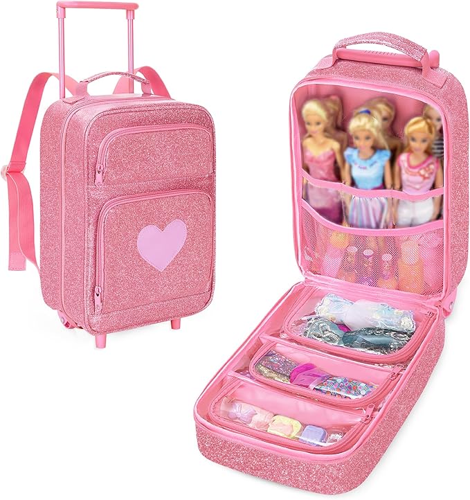 LoDrid Travel Backpack Compatible with Barbie Dolls 12-inch, Doll Carrying Case with Wheels, Suitcase Storage Organizer with Multiple Pockets for Doll Clothes and Accessories, Pink, Bag Only