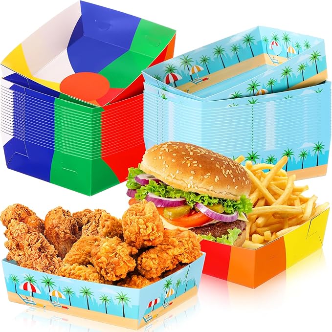 Teling 36 Pack Beach Party Supplies Large 5 lb Beach Pool Plates Trays Bowls Paper Food Boats Disposable Nacho Serving Snack Trays Dinner Plate for Sport Themed Birthday Party Decorations Favors
