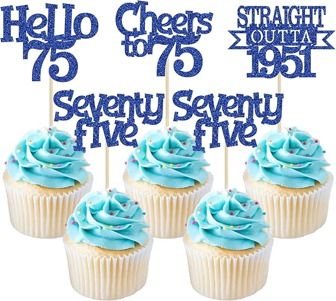 Ephlyn 24Pcs 75th Birthday Cupcake Toppers Glitter Straight Outta 1951 Cupcake Picks Hello 75 Cheers to 75 Years Cake Decorations for 75th Birthday Anniversary Party Decorations Supplies Blue