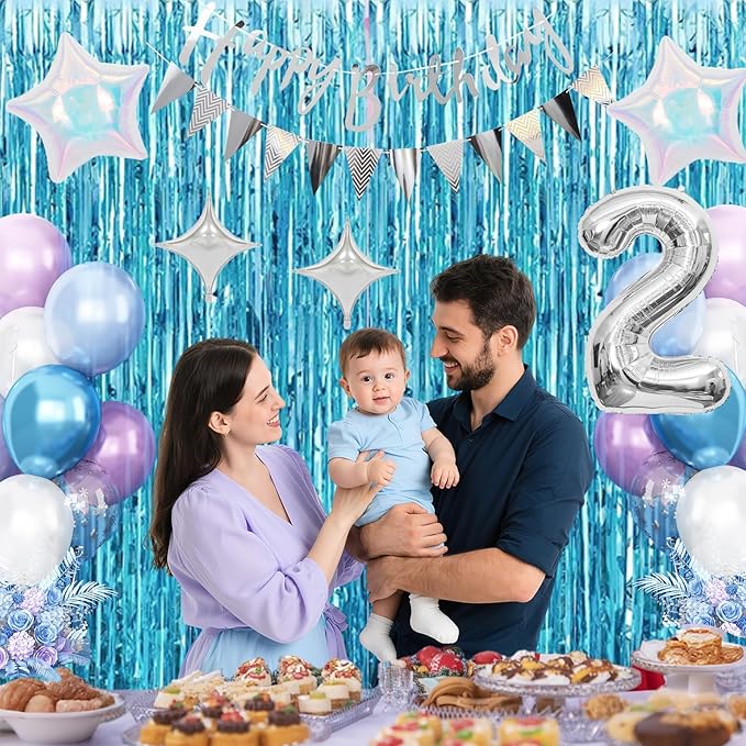 2nd Snow Birthday Decorations for Girl, Blue Purple Balloons with Happy Birthday Banner Curtain Silver Number 2 Balloon Iridescent Star Foil Balloons for Girls Baby Shower Birthday Party Supplies