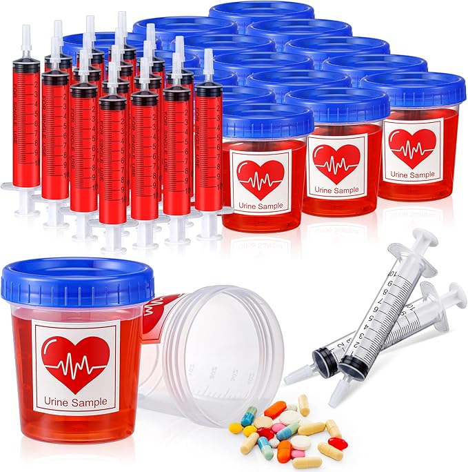 46 Pcs Nursing Graduation Party Supplies Set Plastic Syringe Urine Sample Cups with Lids Sticky Label for Nurse Congrats Grad Favors Bsn Rn Lpn Party Decorations