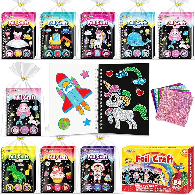 FUNNYB&G Foil Art Party Favors for Kids - 24 Pack Foil Art Crafts Kits Coloring Books, Goodie Bag Stuffers Party Favors for Kids 4-8 8-12, Bulk Birthday Classroom Prizes Girls Boys Gifts (Classic)