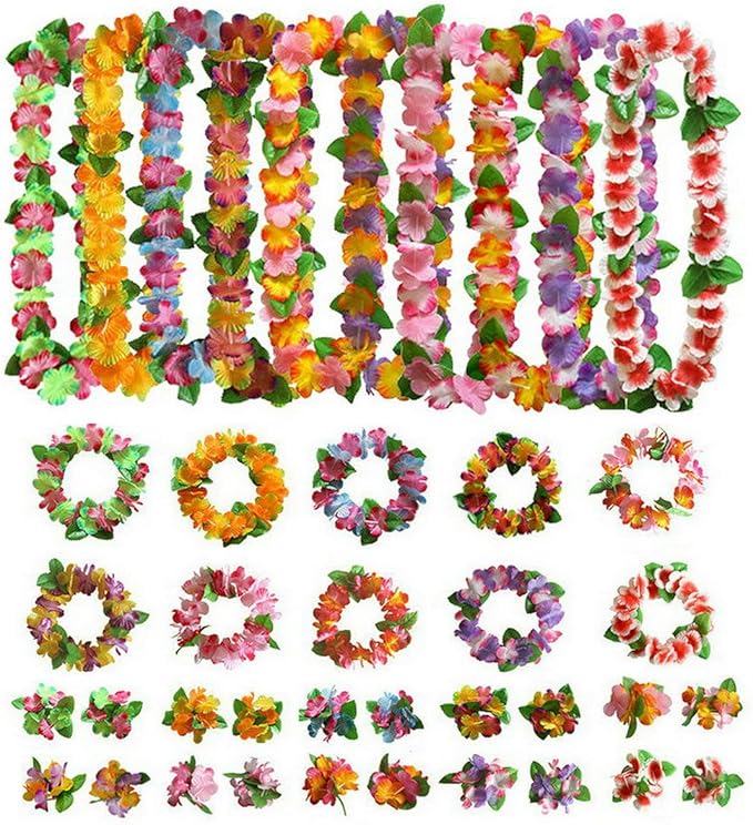 40 PCS Hawaiian Luau Leis,Tropical Luau Party Supplies of Hula Garland Necklaces Bracelets Headband Jumbo Simulated Silk Flowers for Hawaii Decorations, Beach Theme Party Decorations
