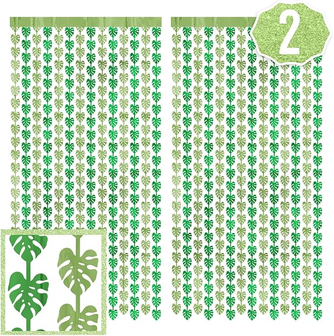 xo, Fetti Jungle Leaf Foil Curtain - Set of 2, 3x7 ft | Safari Theme Party Decorations, Zoo Animal Birthday Party Supplies, Baby Shower Favors