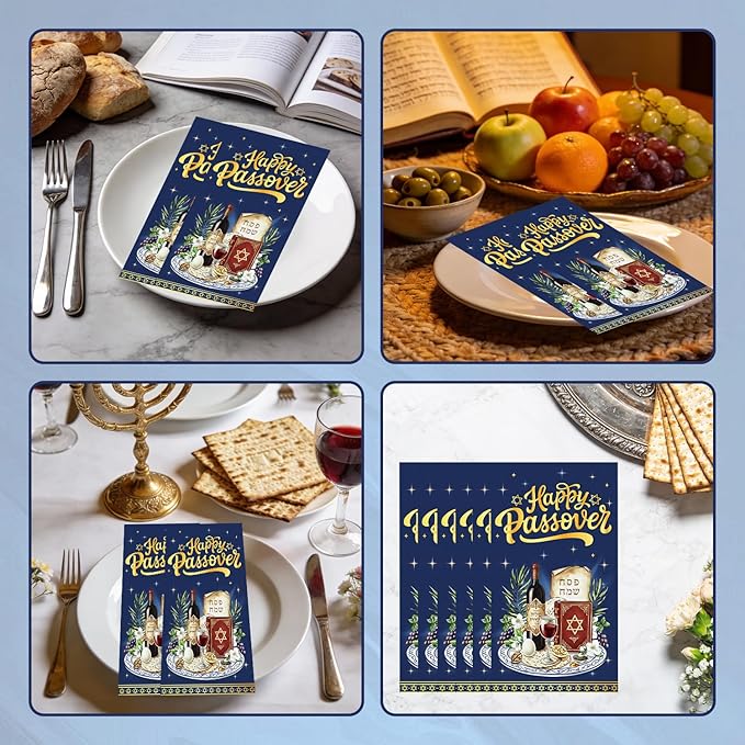 100Pcs Happy Passover Napkins - Passover Party Decorations Jewish Festival Theme Supplies Disposable Luncheon Dinner Napkins 7.8" x4.3" for Home Office Kitchen Table Decor