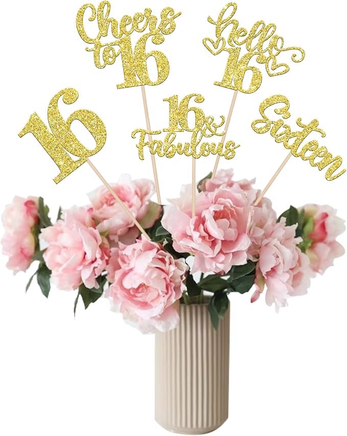 15PCS Happy 16th Birthday Centerpiece Sticks Hello 16 Fabulous Table Flower Centerpieces Sticks Sixteen Cheers to 16 Years Floral Decoration for Happy 16th Birthday Party Centerpieces Sticks Gold