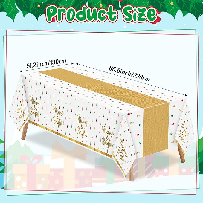 Christmas Winter Waterproof Tablecloths - 3 Packs Gold White Mini Christmas Tree Tablecloths Colorful Waterproof Table Cover Merry Bright Disposable Plastic Tablecloth Xmas Party Table Decor