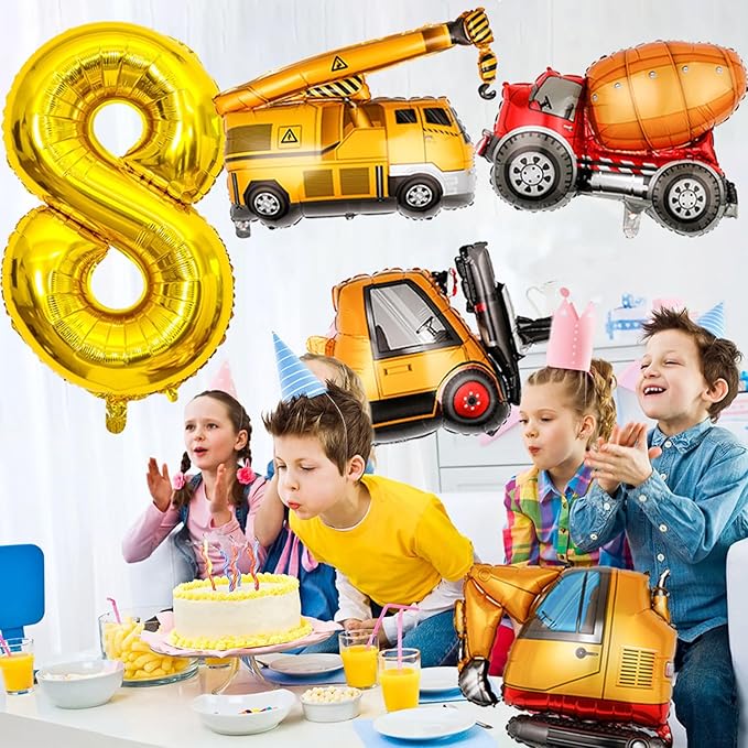 Construction Birthday Party Supplies 8 Year Old, Large Construction Balloons 40Inch Gold Number 6 Balloons Construction Truck Foil Balloons for Boys 8th Construction Birthday Party Decorations