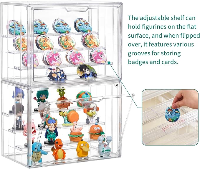 Attelite Acrylic Display Case,Upgrade 4 Tiers Clear Display Case with 3 Adjustable Divider, 4 Pack Stackable Large Storage Box with Magnetic Door for Collectibles Action Figures