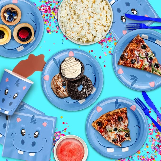 Hippo Birthday Party Supplies - Zoo Animal Party Supplies - Wild Animal Party Supplies | Tableware Set Includes Plates, Napkins and Cups | Kit for 16