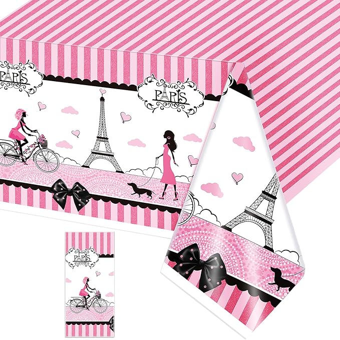 Paris Birthday Decorations Eiffel Tower Tablecloths Pink Paris Theme Eiffel Tower Plastic Disposable Rectangle Table Covers for Baby Shower Wedding Girl Birthday Party Favors Decorations Supplies