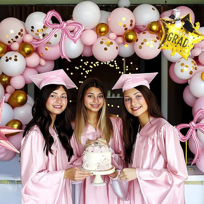 Pink and White Gold Grad Balloon garland arch kit 140pcs With Large Gold pink Star Bow balloons for 2025 graduations decorations Prom girl's birthday party supplies