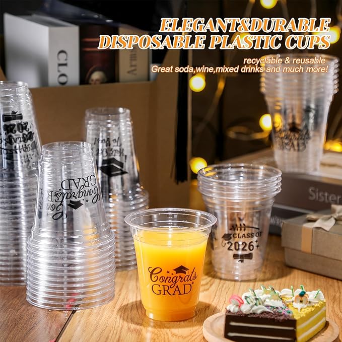 Eaasty 200 Pcs 12oz Graduation Cups 2026 Disposable Plastic Cups for Class of 2026 Graduation Party Congrats Grad Elegant Party Supplies Tableware Decorations (Clear)