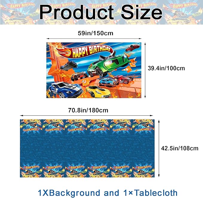 52Pcs Hot Car Birthday Party Decorations, Birthday Party Supplies for Hot Car Includes Banner, Backdrop, 24 Balloons, Cake Topper, 24 Cupcake Toppers, TableCloth