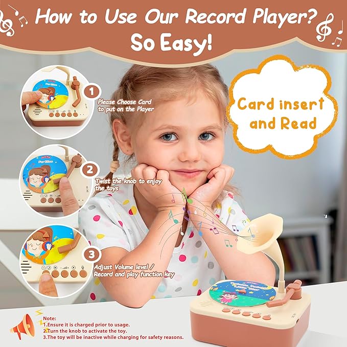 Kids Phonograph with 99 Cards, Toddler Record Player, Story & Music Player, Kids Music Player, Educational Phonograph for Boys and Girls Age 3+, Toddler Toys for Early Learning
