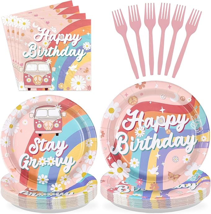 96Pcs Groovy Birthday Party Decorations Boho Groovy Birthday Plates and Napkins Tableware Set Daisy Hippie Rainbow Boho Themed Decorations for Baby Shower Gender Reveal Party Decor Supplies Serves 24