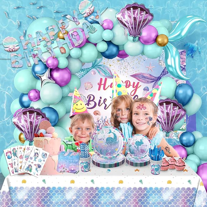 308Pcs Mermaid Birthday Party Decorations Set, Serves 24 Includes Plates, Napkin, Fork, Cup, Tablecloth, Banner, Backdrop, Tattoo, Mermaid Foil Balloons Arch for Party Supplies