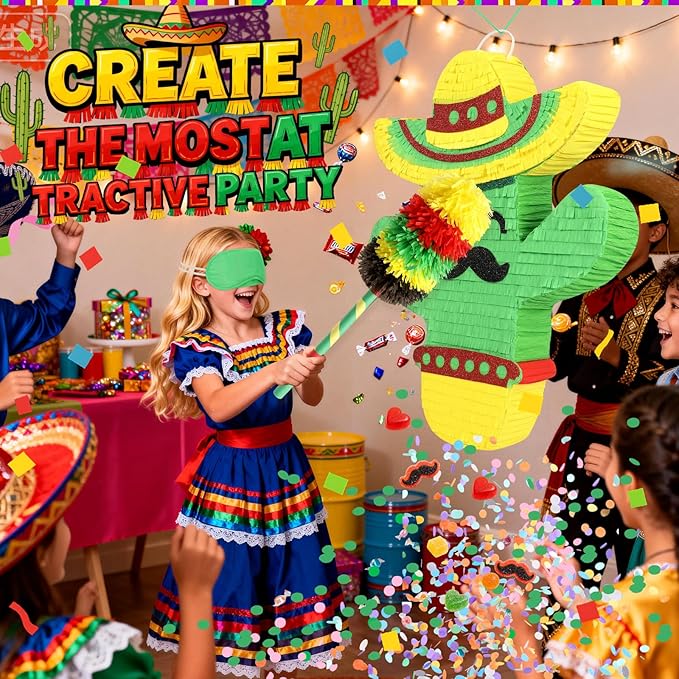 Cactus Pinata for Cinco De Mayo Fiesta Party Decorations, Large 21" Mexican Theme Paper Mache Pinata for Birthday, Taco Bout A Party, Luau Event, Carnival Game Centerpiece with Fillers Support