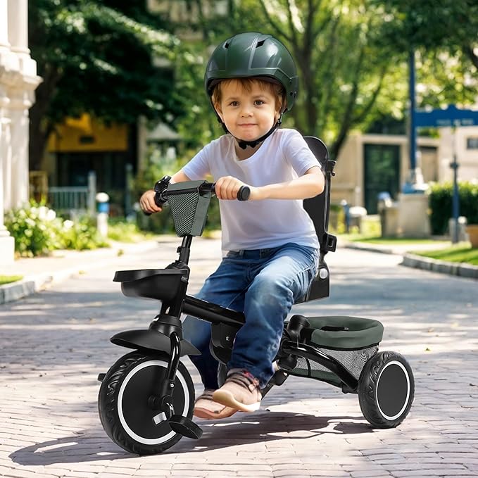 Kinder King Kids Tricycle, 8 in 1 Folding Toddler Trike w/Adjustable Push Handle, Rotatable Seat, Adjustable Canopy, Bell, Five-Point Harness, Storage, Bike Tricycle for Toddlers 1-3, Forest