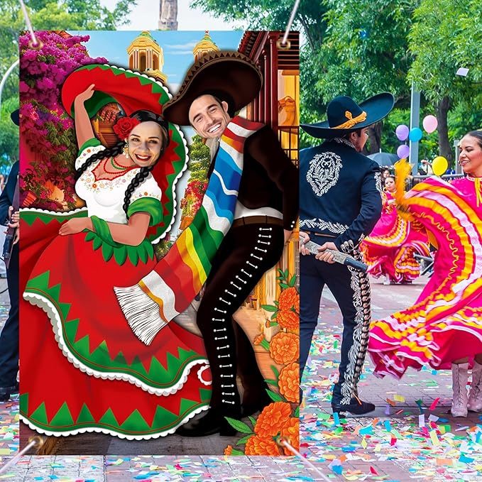 Tudomro Mexican Couple Photo Props Fiesta Party Background 6 x 4 ft Fabric Large Photo Door Banner Mexican Style Funny Games Supplies for Birthday Party Cinco De Mayo Festival Supplies