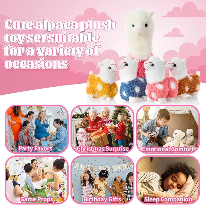 Civaner Llama Stuffed Animal with 4 Baby Llama Plushies Cute Alpaca Plush Set Soft Kawaii Alpaca Pillow for Kids Girls Easter Mother's Day Birthday Party Charity Donation Home Decor(Pink)