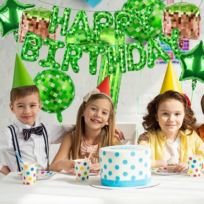 Green Pixel Themed Happy Birthday Banner Party Decorations Set Including 40 Inch Number 7 Foil Balloons, Themed Party Essentials, TNT Pixel Backdrop Supplies for Boys Indoor Outdoor Celebration