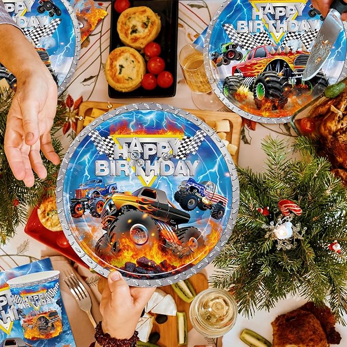 168pcs Monster Truck Party Decorations Plates Napkins Disposable Paper Cups Monster Car Tableware Set Birthday Party Supplies for Kids Boys 1st 2nd 3rd Birthday Decor Serves 24 Guests