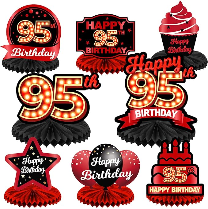 Happy 95th Birthday Red and Black Table Honeycomb Centerpieces Balloons Theme Decor Table Decorations Table Toppers for Girls Women Princess 95 Years Old Birthday Party Bday Supplies Background Gold