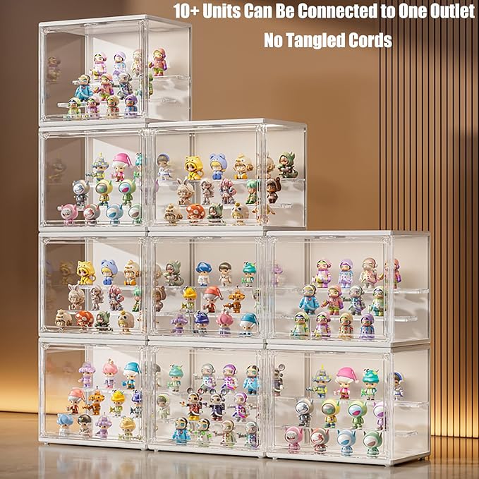 Acrylic Display Case for Collectibles with LED Light, 3-Tier Adjustable Figure Showcase, Stackable Magnetic Door for Lego Toys & Action Figures