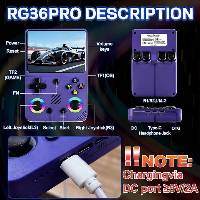 RG36PRO Video Game Console - Support 30000+Classic Games, 64G TF Card,Open Source System, 3.5-Inch Screen,3000mAh Battery, Portable Console for Travel, Gift for Adult or Partner-Purple