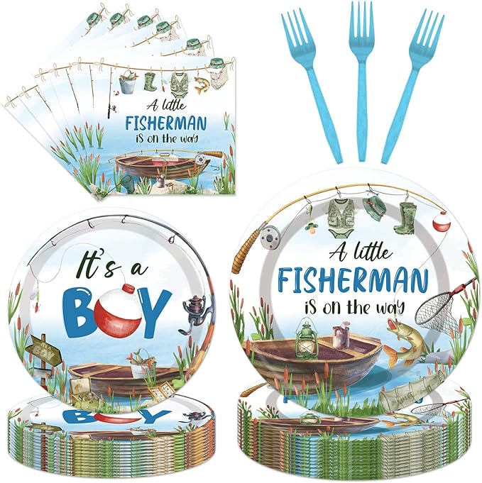 96PCS Fishing Baby Shower Plates and Napkins Party Supplies Fishing Baby Shower Decorations A Little Fisherman is on the Way Gone Fish Party Decorations Disposable Tableware Set Serve 24 Guests