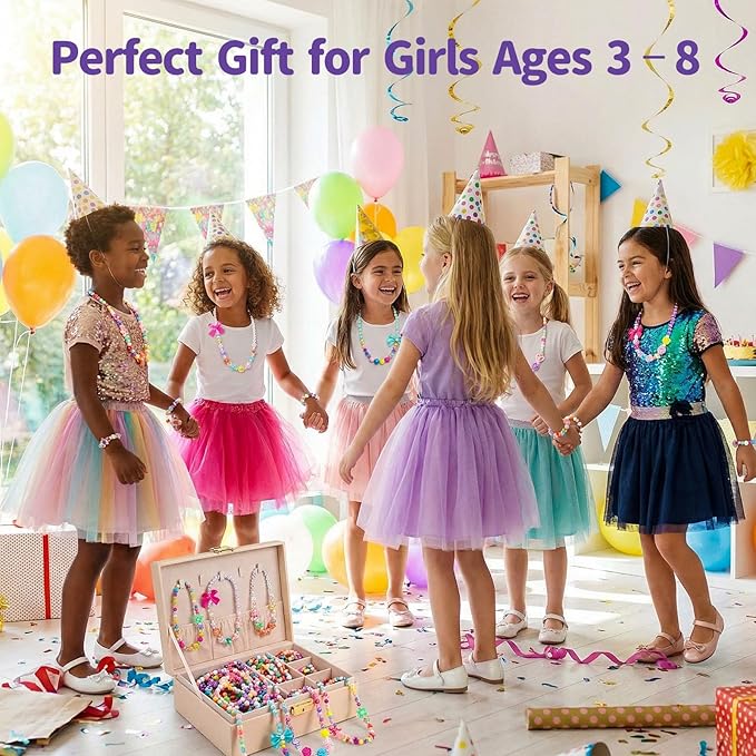 BigOtters Little Girls Necklace Bracelet, 6 Sets Lovely Colorful Beads Jewelry Princess Dress up for Toddlers Pretend Play Party Costume, Party Favors Bags for Kids