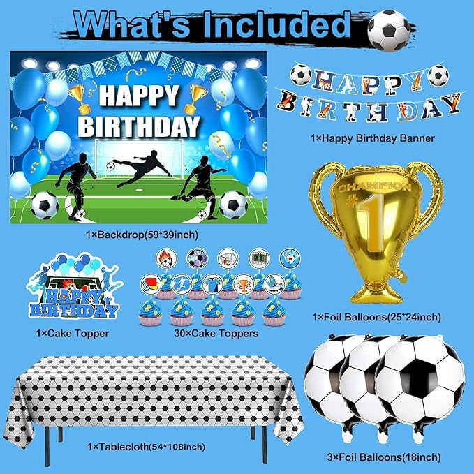 Soccer Birthday Party Decorations, 131PCS Blue Soccer Birthday Party Supplies Including Tablecloth Backdrop Banner Cake Topper Latex Balloons Foil Balloons Decorations Kit for Sport Ball Theme