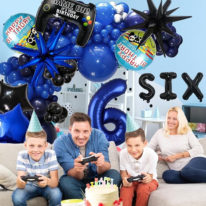 11pcs Video Game Themed Party Decorations, Number 6th Boys Birthday Party Supplies, Navy Blue Video Game Controller Mylar Foil Balloon, Video Game Party Decoration Supplies