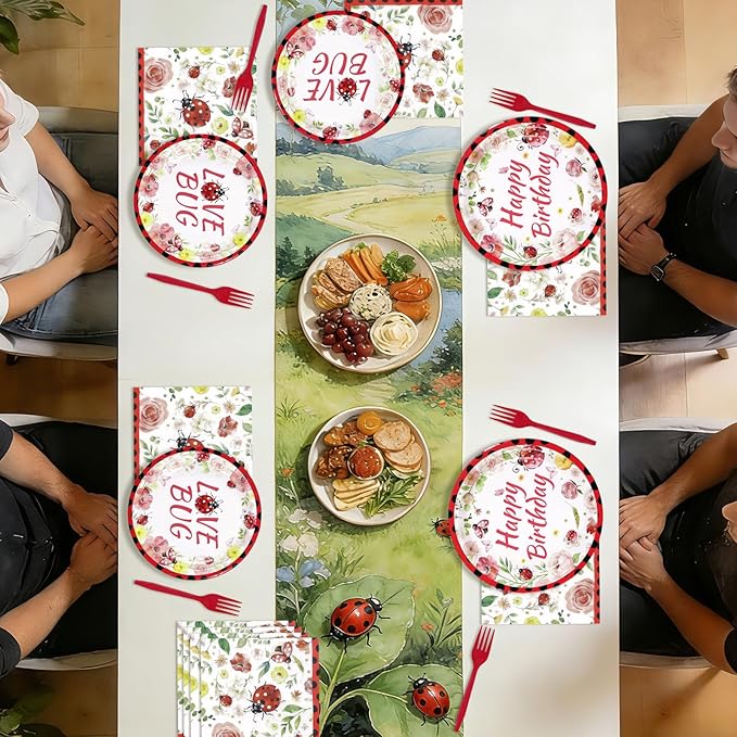 96Pcs Ladybug Birthday Party Supplies Cute Ladybird Birthday Plates and Napkins Cute Red Black Ladybug Theme Tableware Set for Kids Insect Theme Baby Shower Party Decorations Serves 24