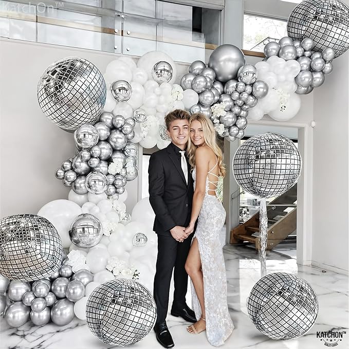 KatchOn, Silver Disco Ball Balloons - Huge 22 Inch, Pack of 6 | 4D Sphere Balloons for Disco Party Decorations | Silver Birthday Decorations | Retro Party Decoration, 70's Theme Party, Anniversary