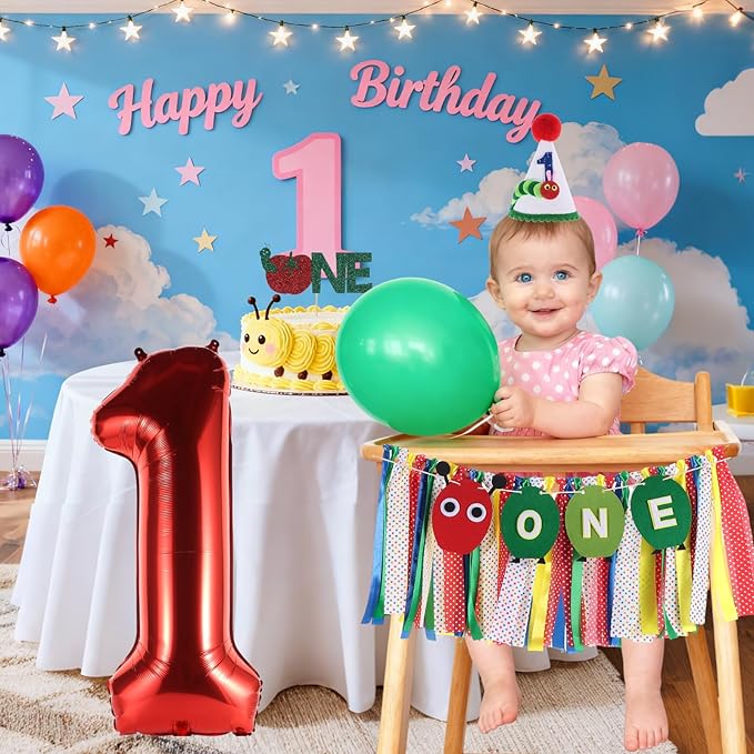 Hungry Caterpillar Highchair Banner for Baby First Birthday Party Decorations Green One Caterpillar High Chair Tassel Garland for Boys Girls Fruit 1st Birthday Photo Props Backdrop Decors