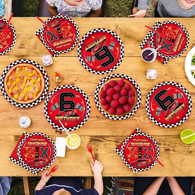 Grencian 96Pcs Race Car 6th Birthday Party Decorations Hot Car Checkered Plates and Napkins Racing Themed Disposable Tableware Set for 6 years old Boys Transportation Birthday Party Serve 24
