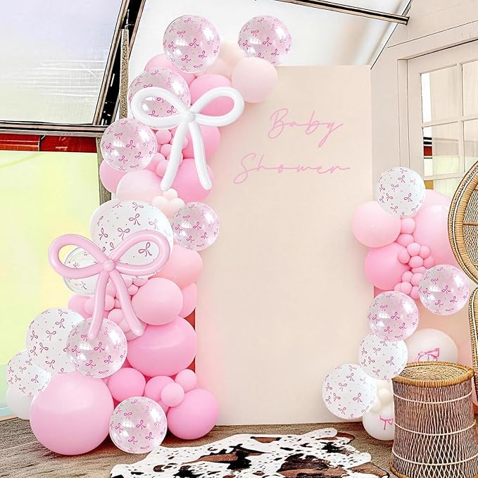 Pink Bow Balloons, 62Pcs Pastel Light Pink Clear White Bow Latex Balloons, 12Inch Transparent Bowknot Print Helium Balloon for Girls Women Princess Coquette Birthday Wedding Bridal Baby Shower Party