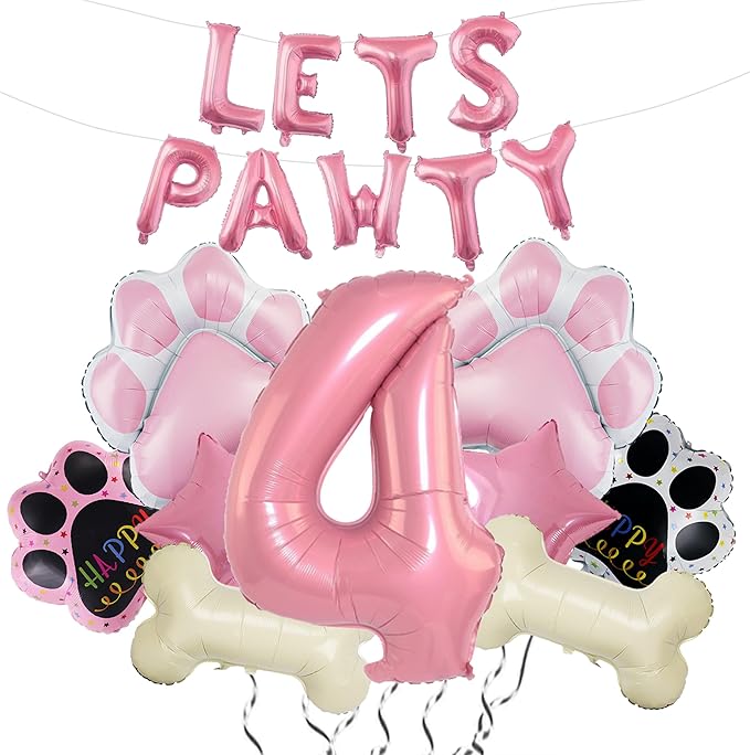 4th Dog Balloons 18pcs Lets Pawty Balloons Dog Paw Birthday Decor Pink 32 inch Pink Number Balloons 4 Mylar Foil Balloons for Lets Pawty Birthday Decorations Dog 4th Birthday Party Supplies