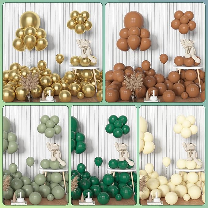 Amandir 153pcs Green Brown Balloon Garland Arch Kit, Different Sizes 18 12 10 5 inch Sage Green Ivory Gold Latex Metallic Confetti Balloon for Safari Jungle Wild One Woodland Tropical Party Decoration