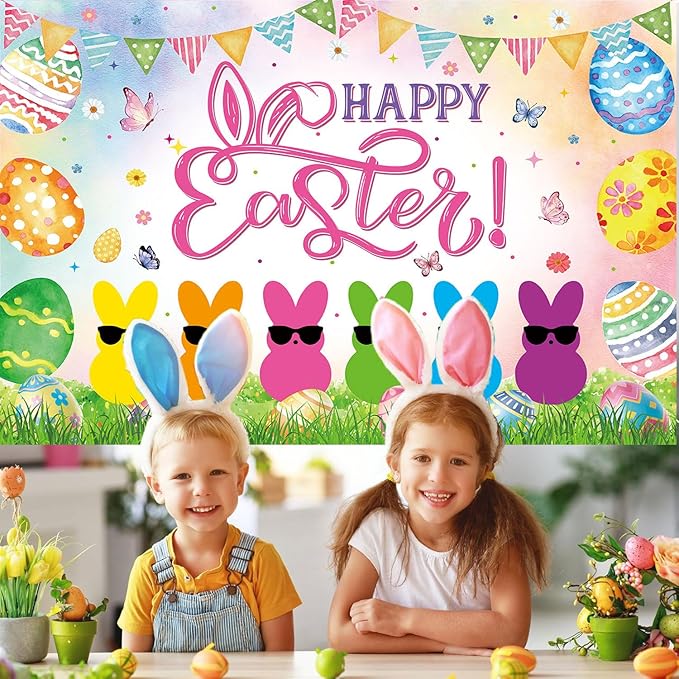 Happy Easter Peeps Banner Backdrop 8x6FT Spring Colorful Eggs Bunny Peeps Photography Background Kids Easter Party Decorations Supplies Photo Props