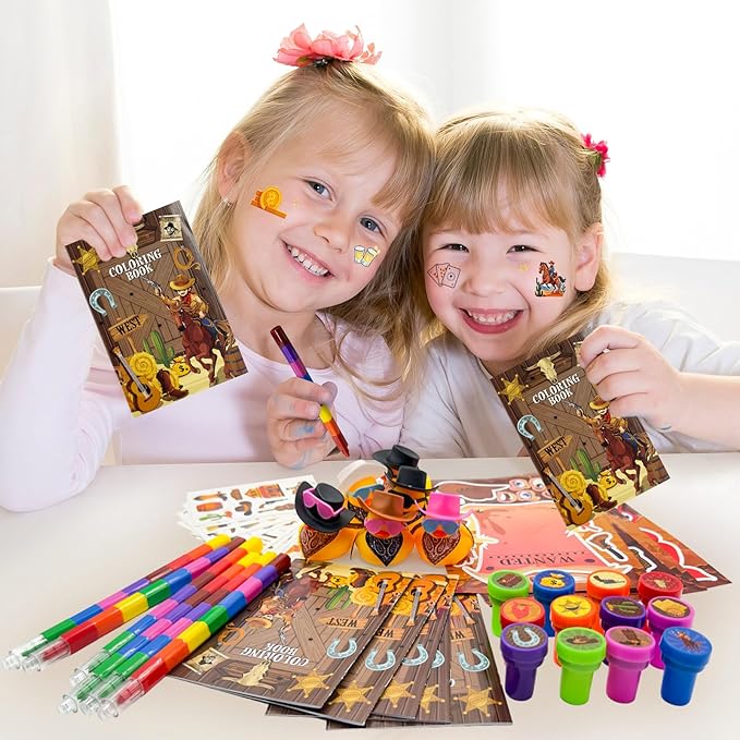 Cinrobiye 72 Pcs Western Cowboy Party Favors, Wild West Coloring Books, Stickers, Tattoos, Stampers, Rubber Ducks, Rainbow Pencils, Barn Party Supplies, Birthday Goodie Bag Fillers, Prize Bulk Set