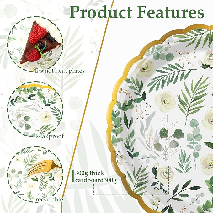 60 Pcs Eucalyptus Paper Plates 7 Inch Baby Showers Green Leaves White Flowers Dessert Disposable Dinner Summer Party Plates for Weddings Gender Reveal Afternoon Tea