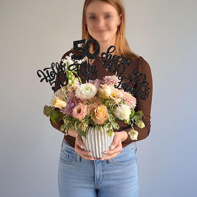 Gyufise 15Pcs 50th Birthday Centerpiece Sticks Fifty Happy 50th Table Flower Centerpieces Sticks Cheers to 50 Floral Decorations for 50th Birthday Party Centerpieces Supplies Black
