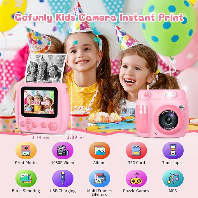 Kids Camera Instant Print, Birthday Gifts for Girls Boys with 3 Rolls Print Paper & 32GB Card, 48MP Toddler Digital Camera 1080P HD Video Toys Cameras for Kids 3-12, Pink